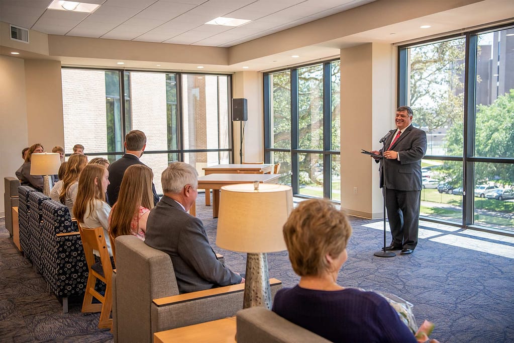 Dr. Troy Shoemaker speaking at the Rice Tower Dedication. 