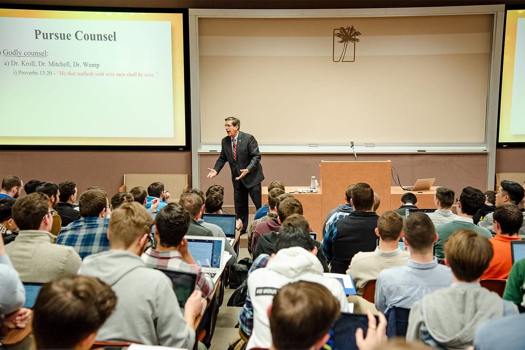 Dr. Dave Teis speaking to ministerial students in the PCC Lyceum. 