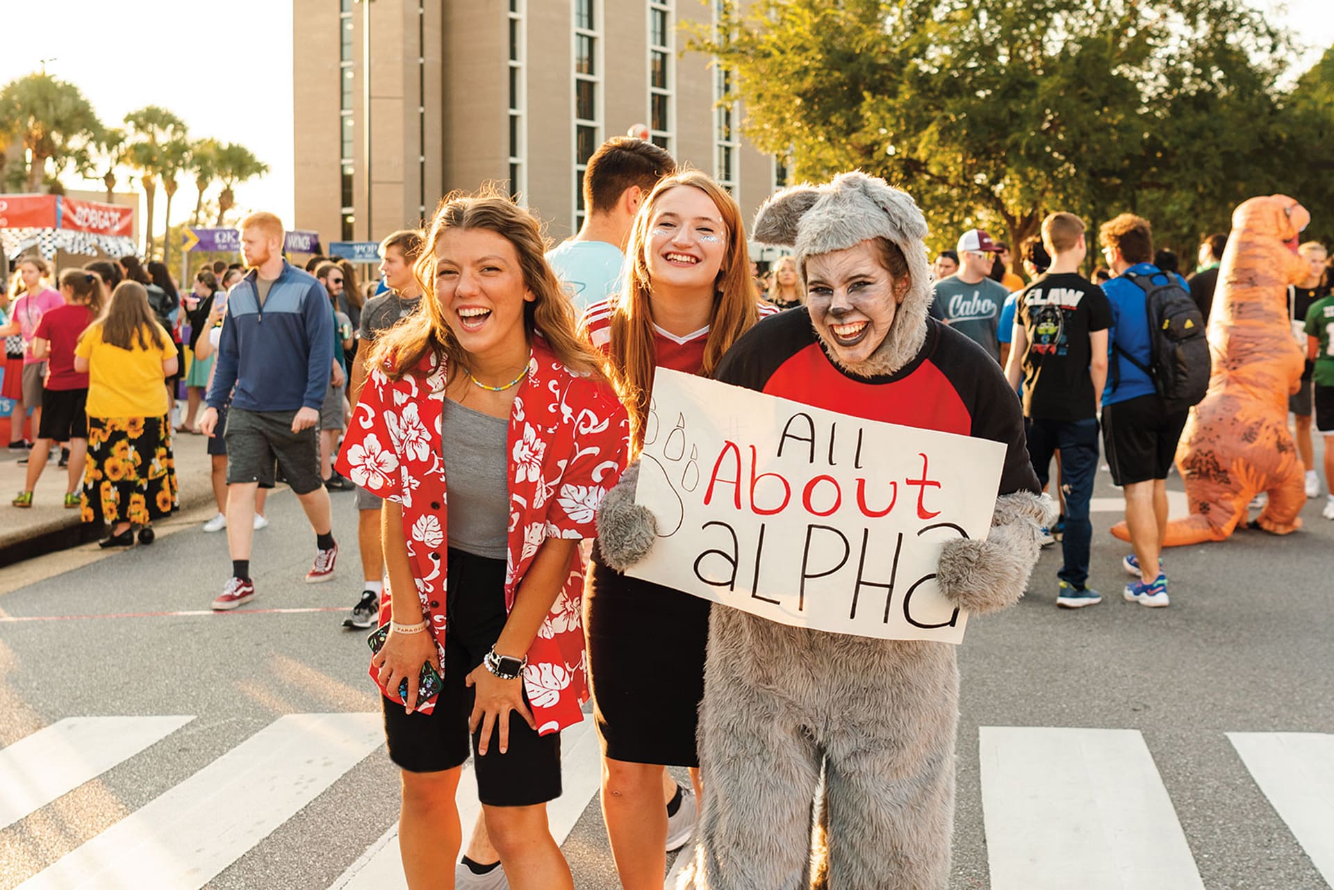 Girls in costumes at Greek Rush.