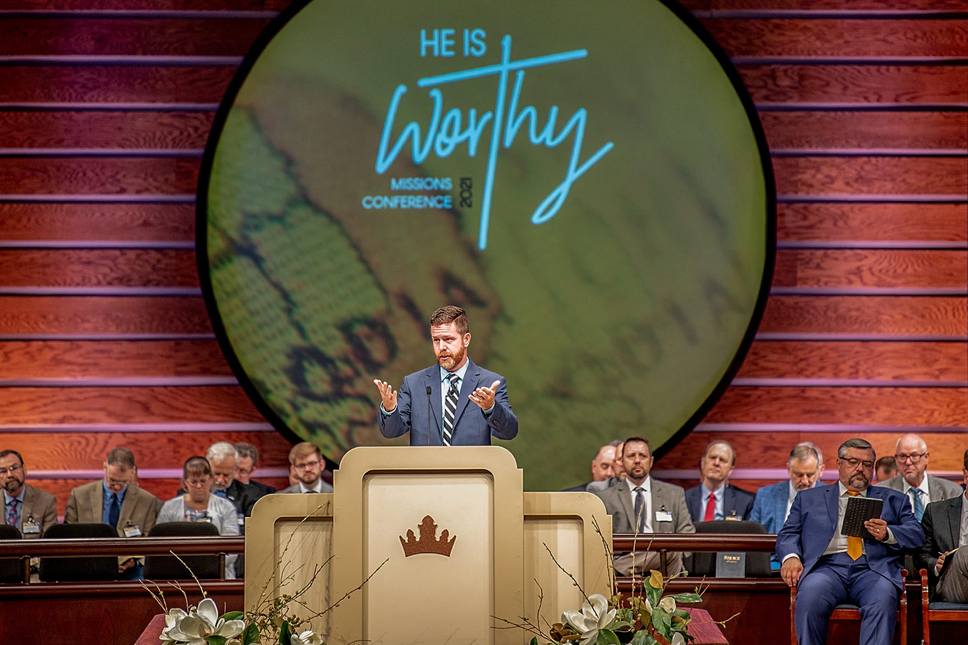 Matt Allen preaching in chapel during Missions Conference.