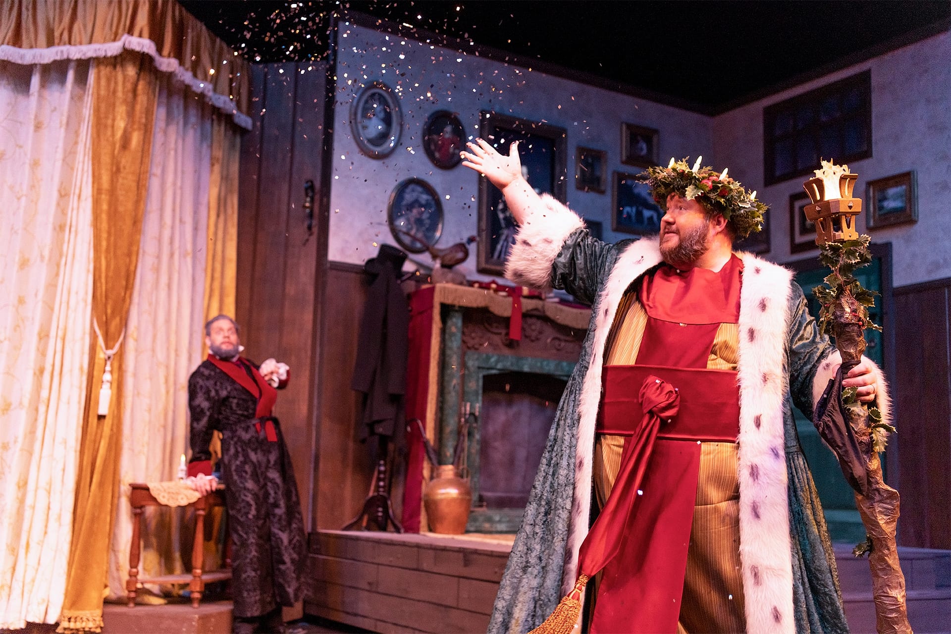 Mr. Scrooge meets the ghost of Christmas present.