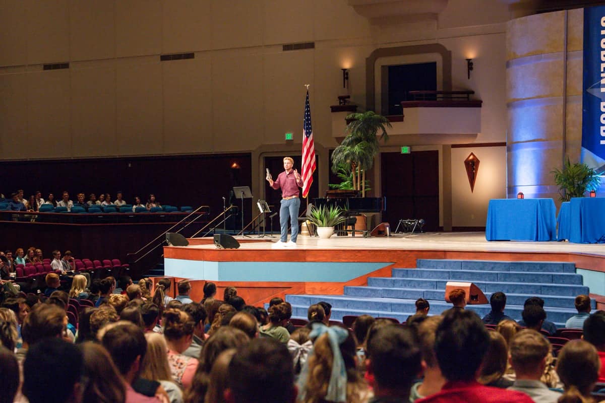 A PCC Student Body Member presents a biblical message to the students