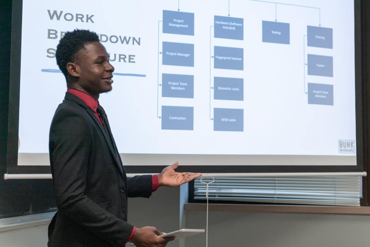 Grad-Class-Business Business Grad Student presents speech in class