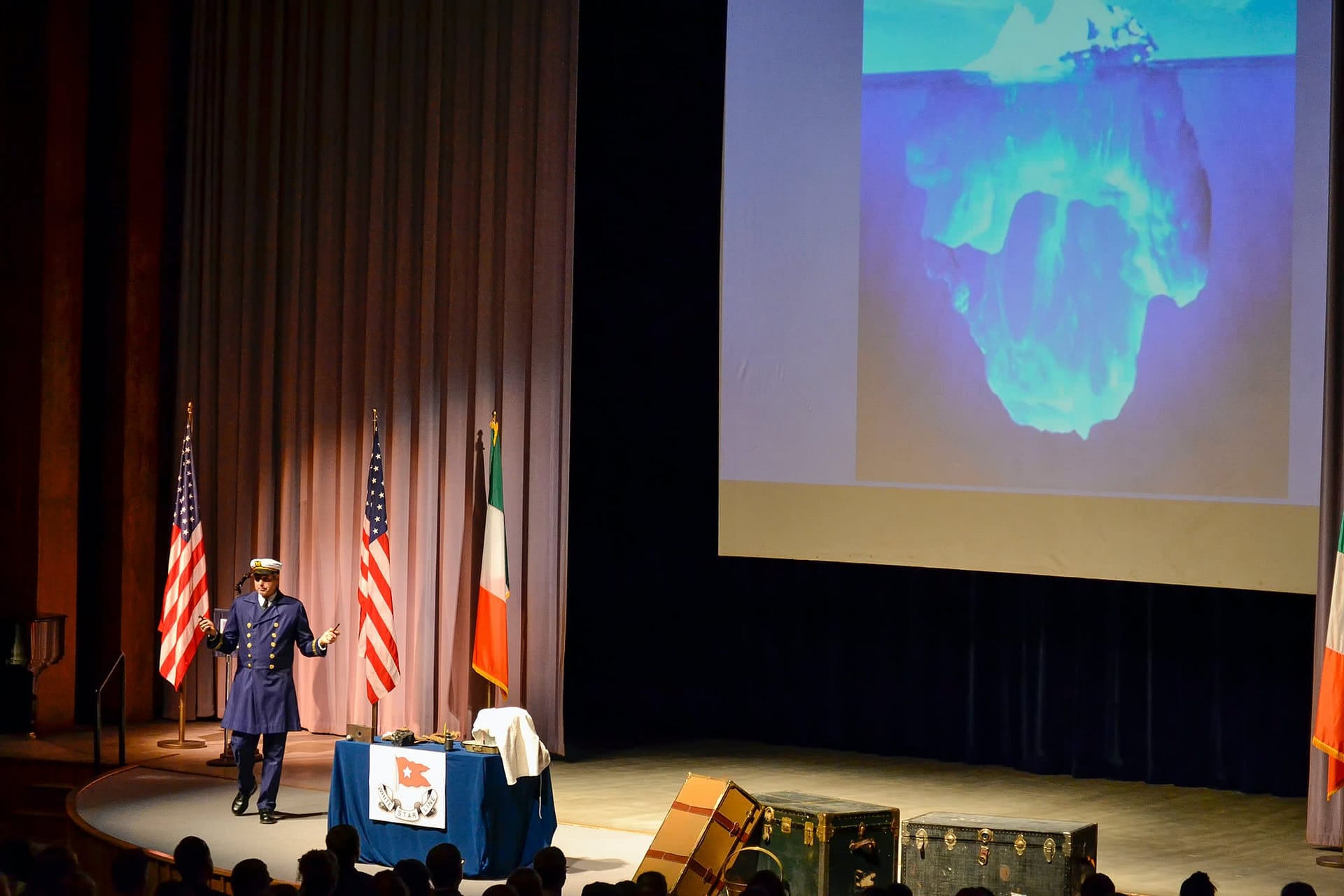 John Reese dressed as a sailor teaches about the Titanic