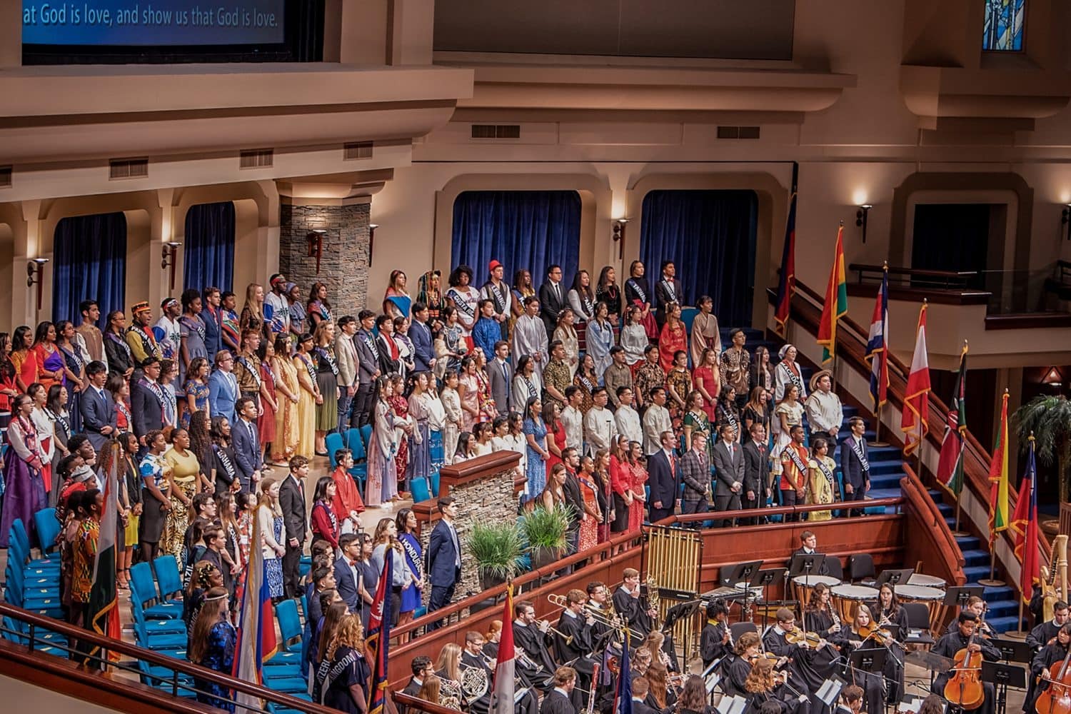 parade-of-nations-choir-loft PCC students participating in the Parade of Nations in the choir loft.