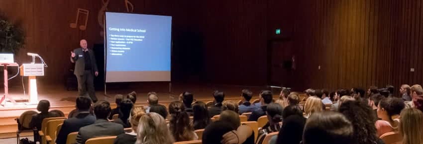 Kevin Schopmeyer presents to pre-med students in the VPA Recital Hall
