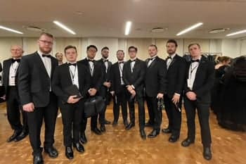 The PCC chamber ensemble men prepare to perform Heather Sorenson's Requiem at Carnegie Hall.