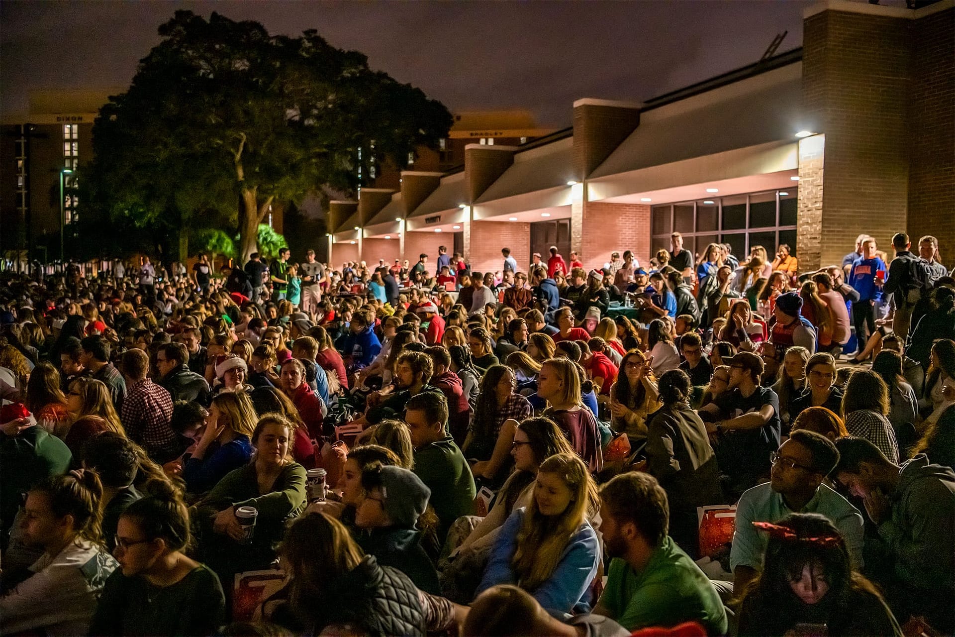 Most of the student body gathers outside on Varsity Terrace to enjoy the program