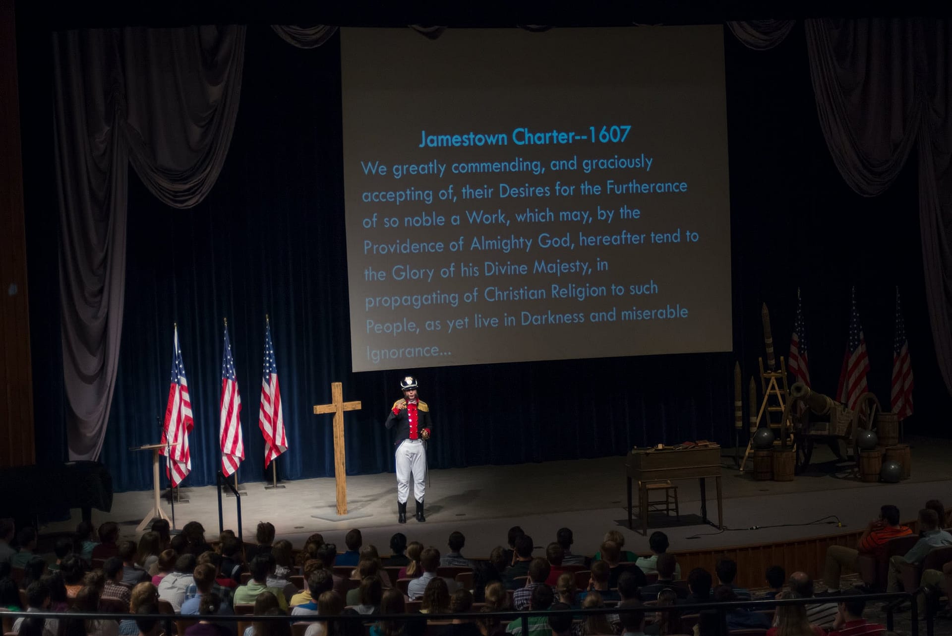 John Reese dressed as a military officer talks about the Jamestown Charter
