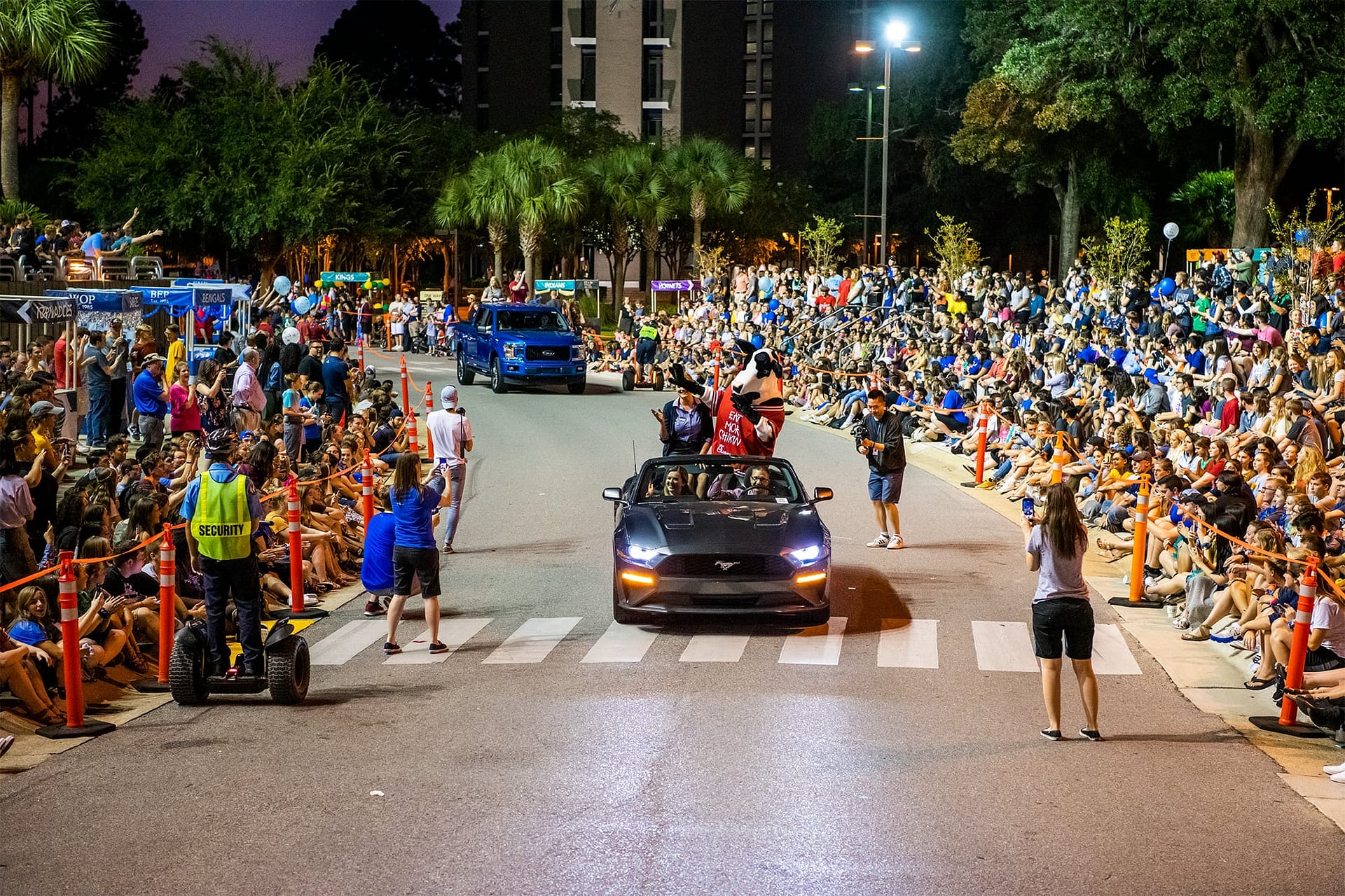 The Chick-fil-A cow rides in a Mustang in the Greek Rush
