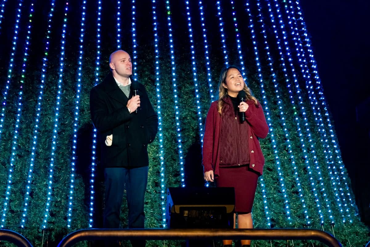 Duet sings during the Christmas Lights Event