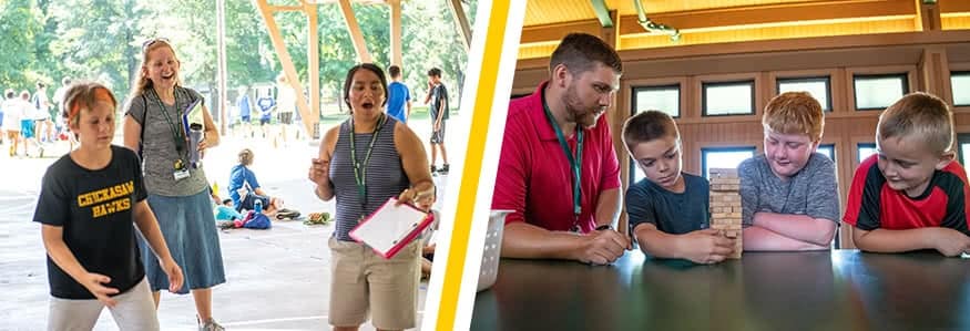 Camp o' the Pines counselors playing games with campers. 