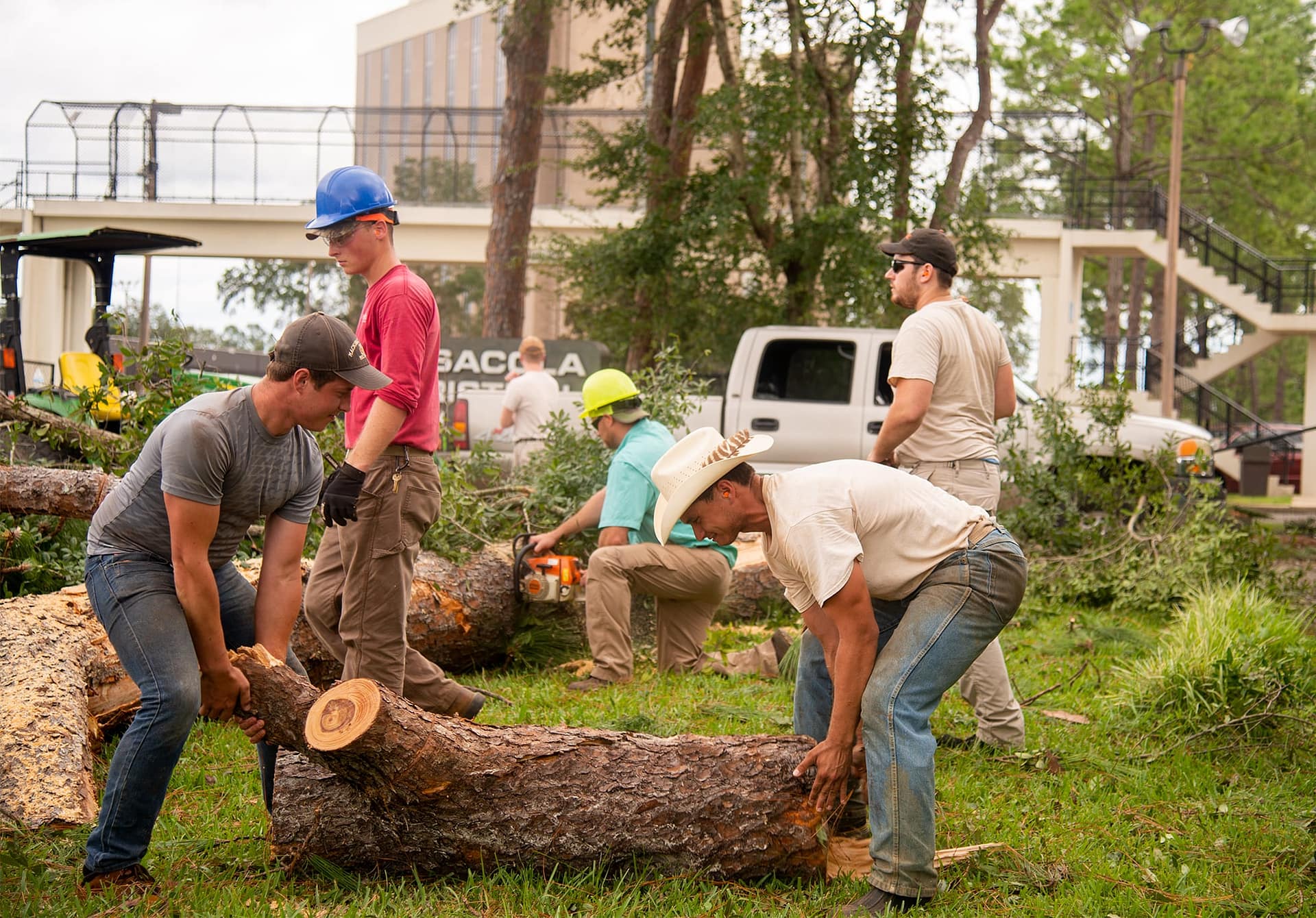 Grounds workers move tree trunks