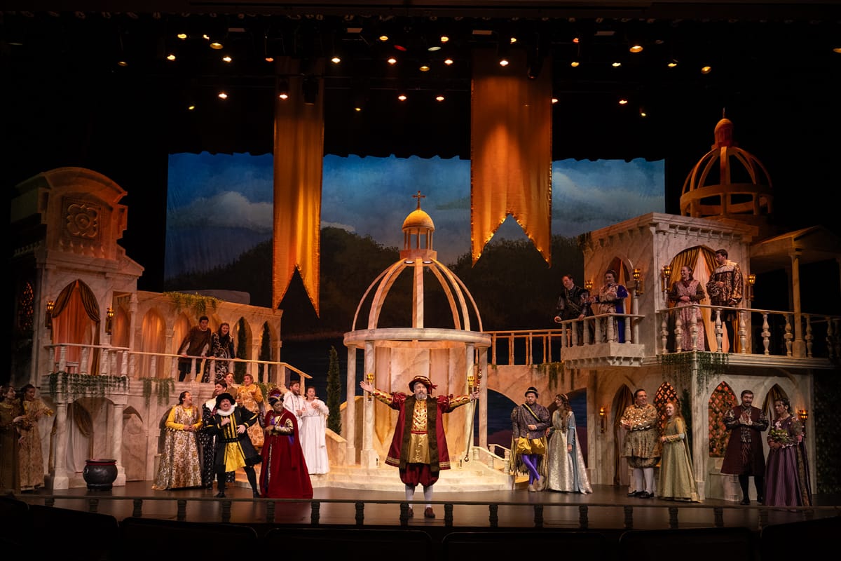 Stage of the New Mikado with actors