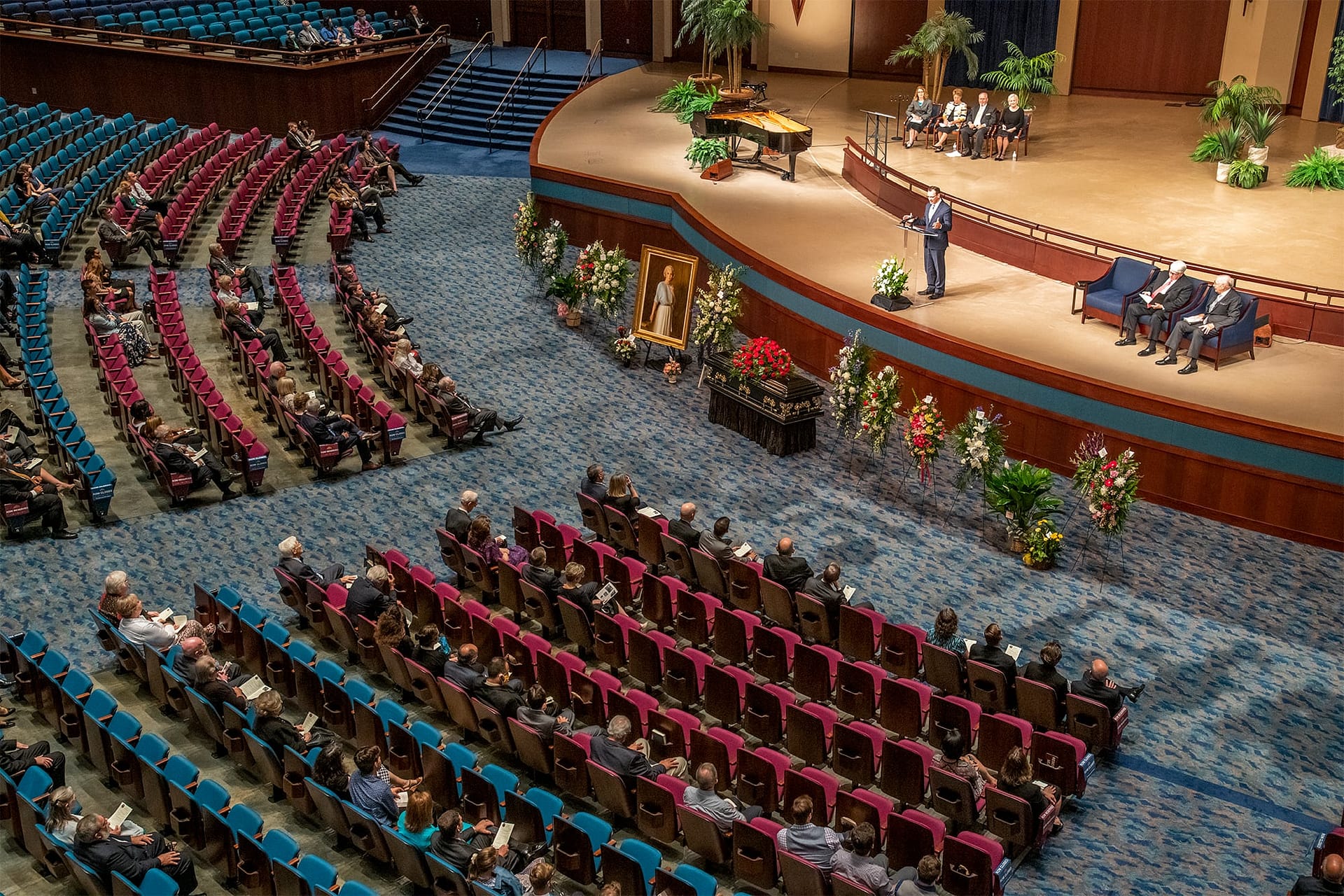 The view from the balcony of the Crowne Centre stage and casket.