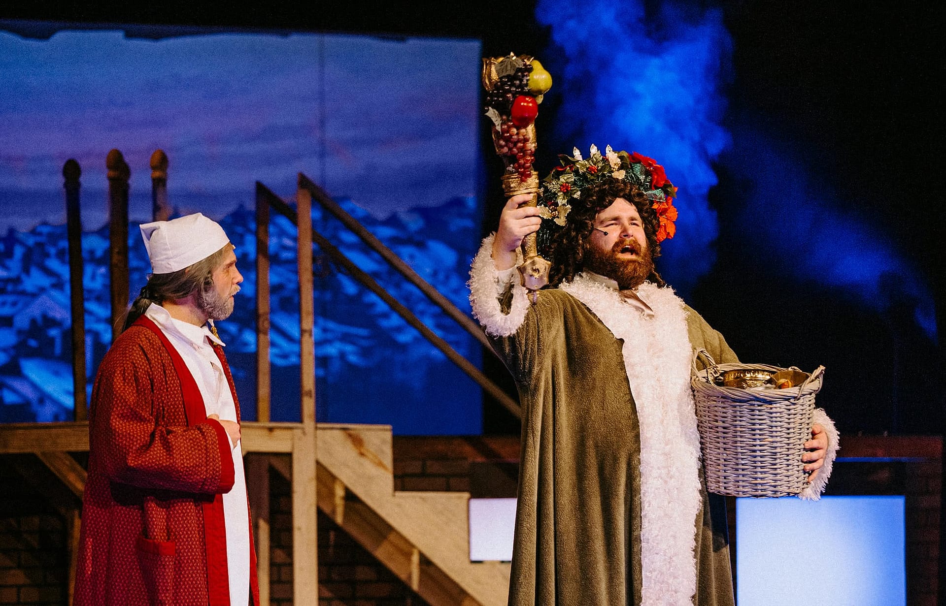 Scrooge and the ghost of Christmas present