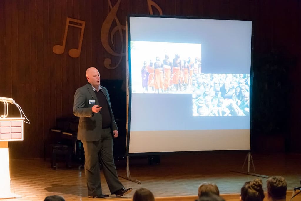 at an academic forum, Kevin Schopmeyer presents to pre-med students in the VPA Recital Hall.