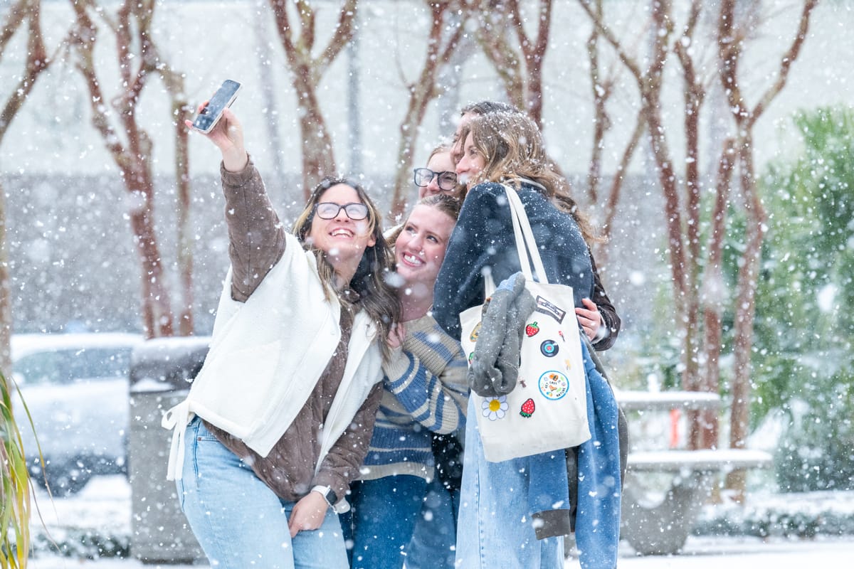 PCC Students take a selfie in the snow.