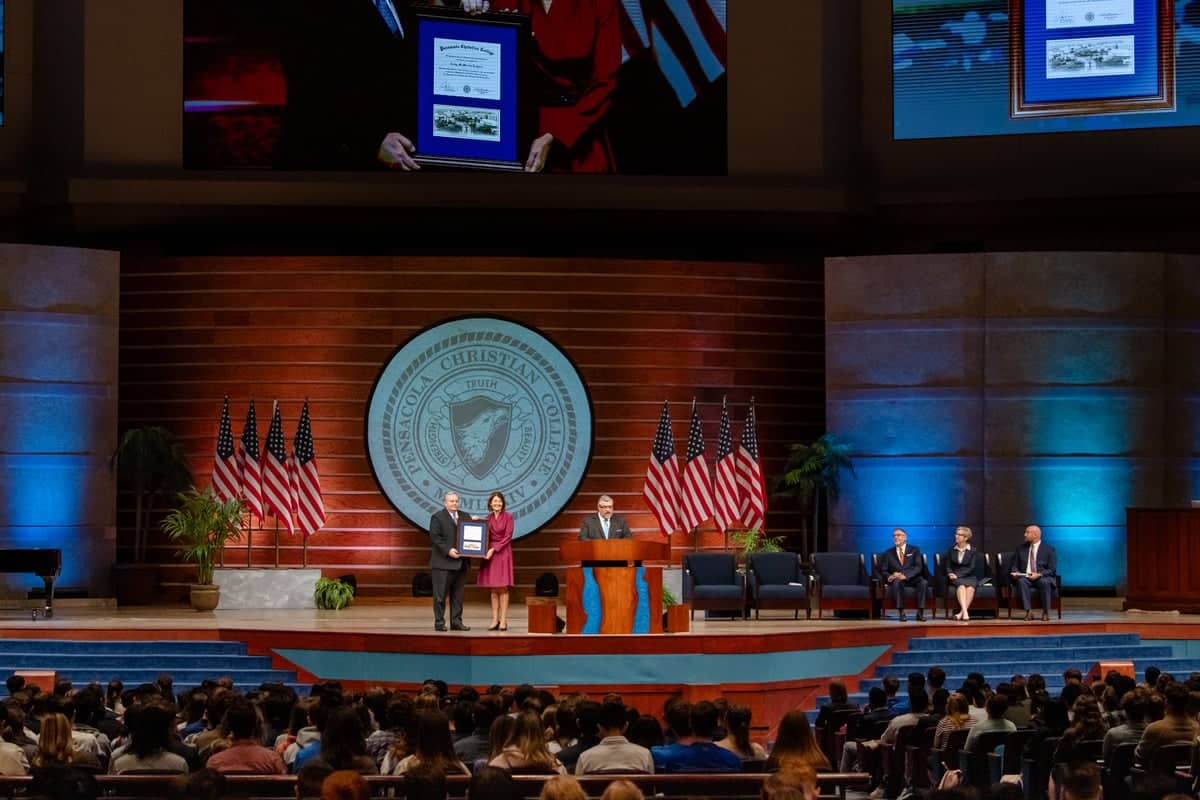 Cathy McMorris Rodgers is awarded a plaque in a special chapel service