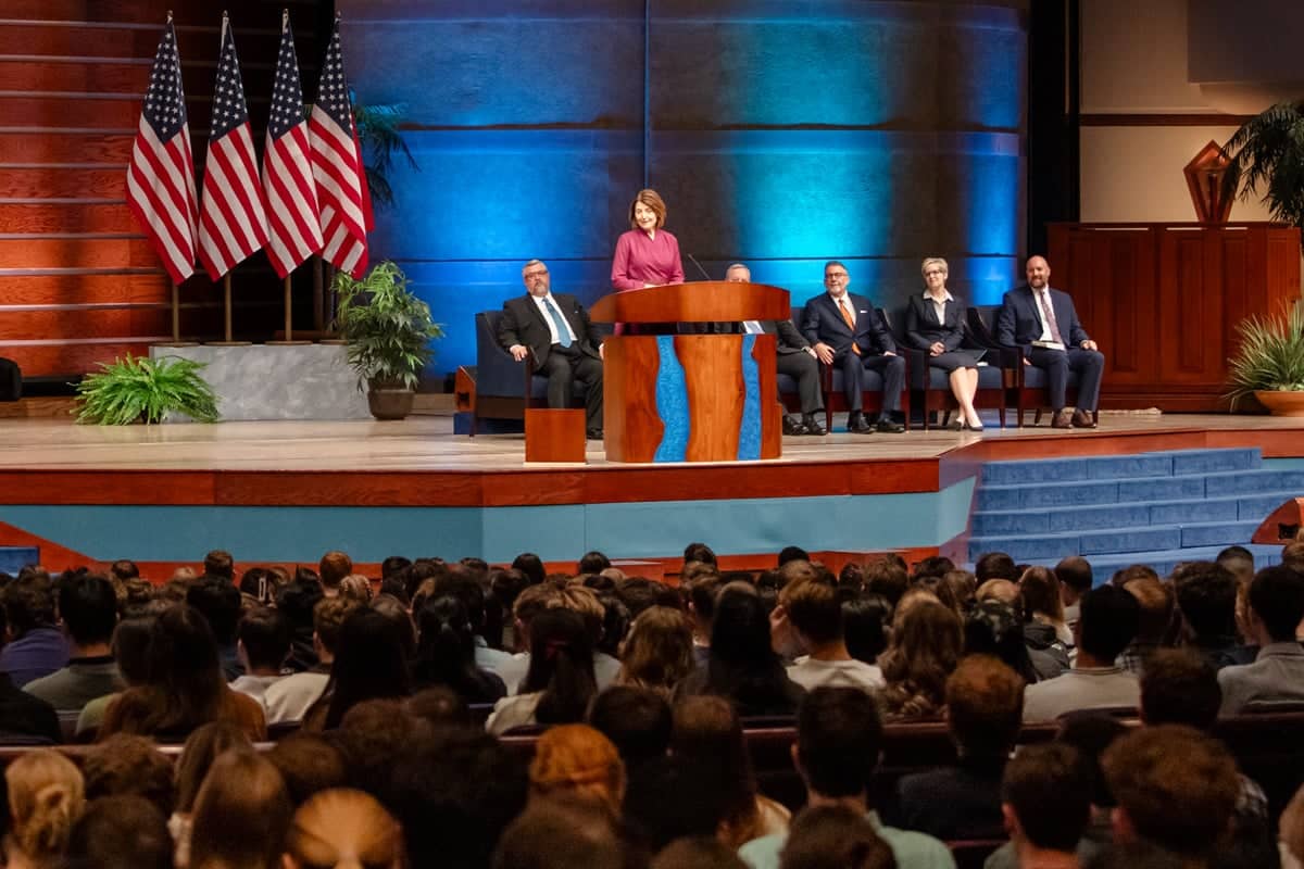 Cathy McMorris Rodgers speaks to the PCC students in a special chapel