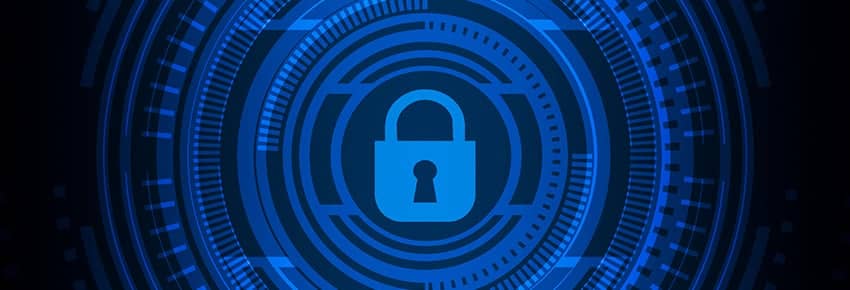 Cybersecurity blue lock surrounded by circles vector image.