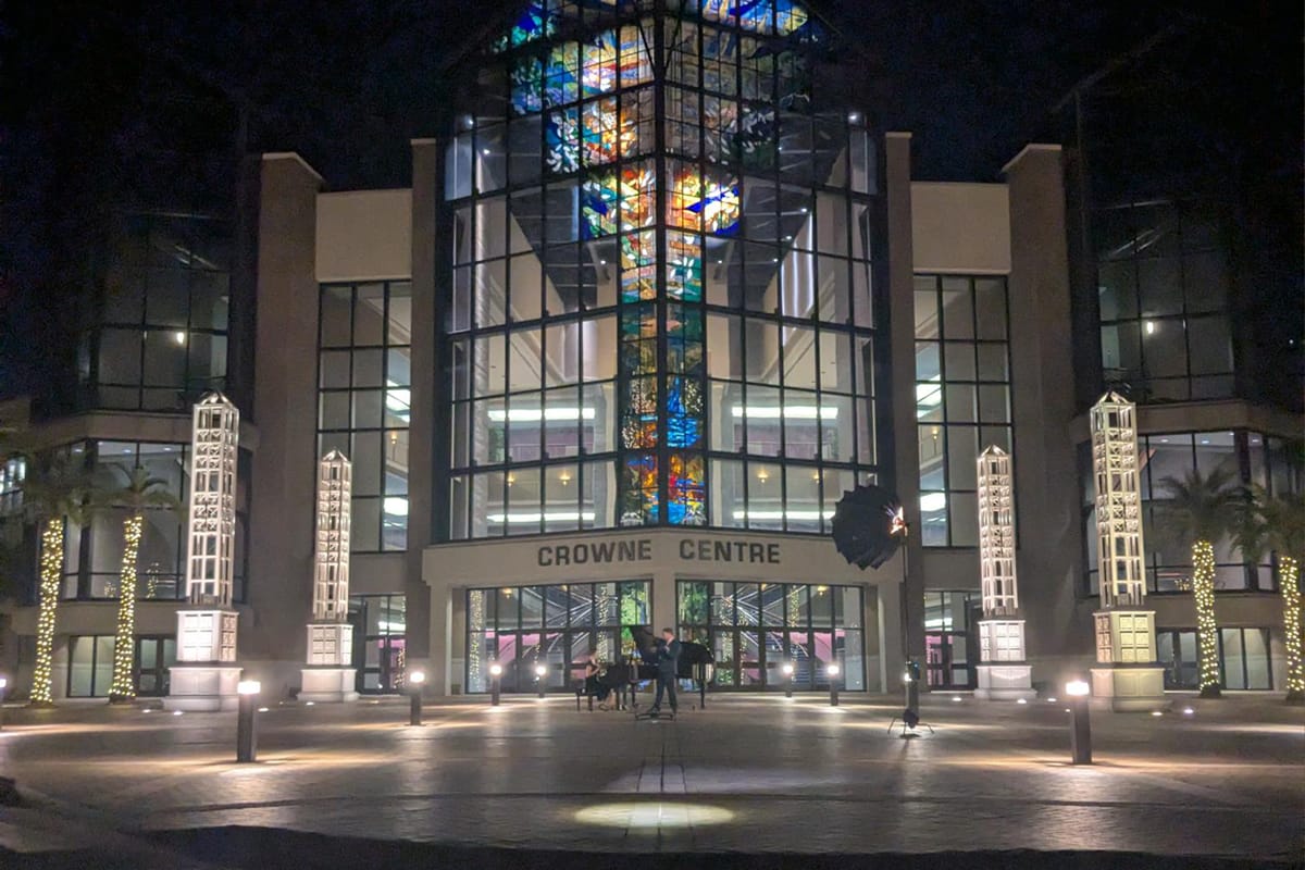 Outside of the Crowne Centre at night