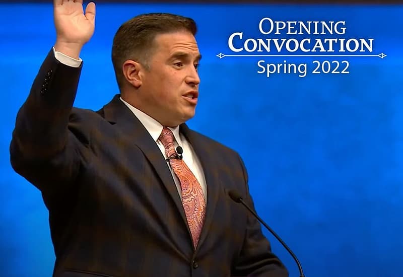Matt Teis speaking for the Spring opening convocation